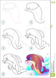 Seite Zeigt Wie Man Schritt Fur Schritt Lernt Einen Delphin Zu Zeichnen Vektor Abbildung Illustration Von Delphin Schritt 74350534