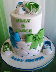 Our Baby Shower Cake With Baby Chucks Converse Blue White Green Theme Baby Shower Cakes Baby Shower Pearl Baby Shower