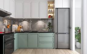 An organized pantry is as pretty as it is functional. Spicerack Kitchens Ar Twitter An L Shaped Layout Works Best In Small Medium Sized Spaces Cabinets Combined With Grey Soft Mint Green Color Wooden Flooring Gives The Kitchen A Warm Feeling