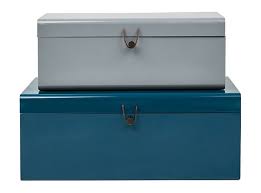 Daven Lot De 2 Coffres En Metal Avec Attache En Cuir Bleu Canard Et Gris Bleu Petrole Et Gris Coffre De Rangement Bleu Canard