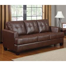 This comfortable sofa is newly reupholstered in a full grain brown. Coaster Samuel Faux Leather Tufted Sofa In Dark Brown 504071