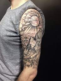All Done Completed Drew S Mountain Landscape Half Sleeve In Only Three Sessions Very Happy With How It Turned Out Nature Tattoo Sleeve Half Sleeve Tattoos Designs Best Sleeve Tattoos