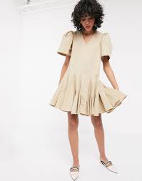 Simonett Amika Pleated Puff Sleeve Mini Dress In Beige Mini Dress With Sleeves Mini Dress Dresses