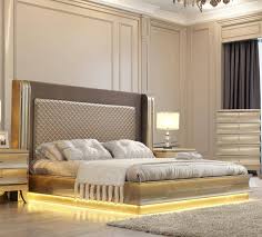 A stunning metallic headboard is a focal point in this regal bedroom, but warm gold accents on the mirror and pillows add a luxe touch. Buy Homey Design Hd 925 King Platform Bedroom Set 3 Pcs In Gold Silver Metallic Faux Leather Online