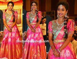 Laya In A Traditional Lehenga At Her Wedding Reception South India Fashion Half Saree Designs Half Saree Lehenga Saree Designs
