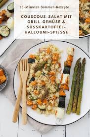 Couscous Salat Mit Grill Gemuse Susskartoffel Halloumi Spiessen Wiewowasistgut Com Rezept Rezepte Couscous Halloumi