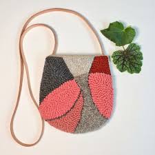 The Simone Bag Handmade Punch Needle Shoulder Bag Wool And Linen W Natural Leather Strap Fully Lined Shades Of Pink Terra Cotta And Grey Punch Needle Patterns Punch Needle Punch Needle Embroidery