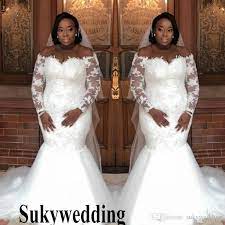 2019 Plus Size Mermaid Wedding Dresses Off The Shoulder Lace Sheer Long Sleeves Bridal Gowns Tulle South African Wedding Gowns Floor Length The Perfect Wedding Mermaid Wedding Dress With Sleeves