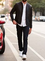 Men S Black Leather Bomber Jacket White Long Sleeve Shirt Navy Jeans White Leather Low Top Sneakers Mens Bomber Jacket Outfit Black Leather Bomber Jacket Leather Jacket Men