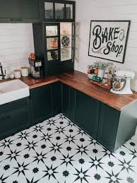 Black And White Tile Floor Kitchen Kitchen Floor Makeover With Floor Pops Altair Tiles Fontaine Farmhouse In 2020 Kitchen Flooring Patterned Kitchen Tiles Floor Makeover