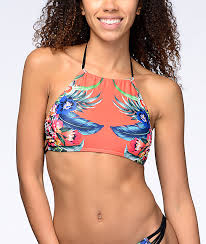 damsel tropical escape orange high neck halter bikini top