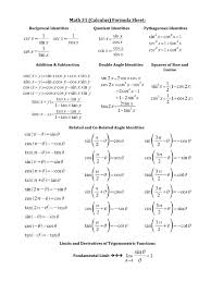 Calculus Formula Test Sheet Trigonometric Functions Function Mathematics