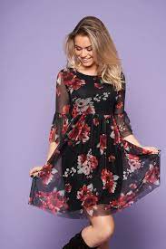 #floral pattern dress #casual #vintage #via laurashouse. Black Dress Daily Short Cut Cloche From Veil Fabric Bell Sleeves With Floral Print With Rounded Cleavage