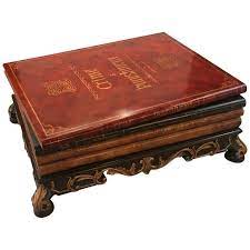 Rectangular leather top over three long drawers, with two opening to one side, one opening to the opposite side. Large Stacked Book Coffee Table By Maitland Smith Maitland Smith Coffee Table Painted Books