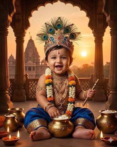 Little Krishna Butter & Sunlit Temple Scene