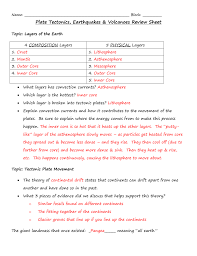 These huge land masses, referred to as plates, gradually change position relative to each other as they slide over underlying material. Plate Tectonics Earthquakes Volcanoes Review Sheet