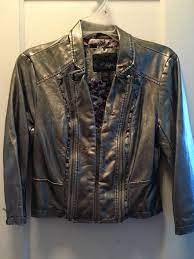 Daytrip Cropped Pewter Moto Jacket Metallic Size Small 3 4 Sleeve Faux Leather Ebay Jackets Moto Jacket Vest Jacket
