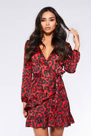 Red And Black Satin Leopard Print Wrap Dress Quiz Clothing Wrap Dress Leopard Print Wrap Dress Printed Wrap Dresses