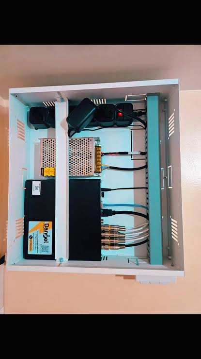 Exemplo de quadro técnico de videomonitoramento com equipamentos e conexões organizados