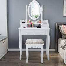 Sears has vanities constructed of beautiful metal with glass tops, different wood finishes and more to help you match the decor already. Bedroom Vanity Makeup Table Set Dressing Jewelry Desk 4 Drawer W Oval Mirror Home Garden Furniture Vanities Makeup Tables