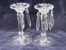 Candle holders, votive candle holder, pillar table, swarovski®️ crystal, vintage. Heisey Orchid Depression Vintage Etched Elegant Glass Pair Of Candlesticks Prisms Lusters