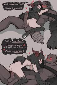 amputee black hair blush breasts cowgirl position cute dialogue  hanging breasts heart horn horns monster monster girl red eyes sex small  breasts tagme zako sketch 