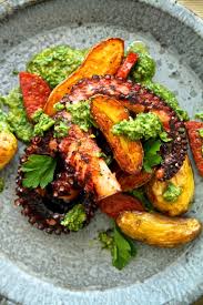 T T Octopus With Chorizo Fingerlings And Salsa Verde Octopus Recipes Appetizer Recipes Recipes