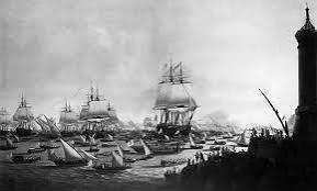 Bildagentur | mauritius images | The launch of the Honourable East India Company ship 'Edinburgh' (1825), painted by William John Huggins. The view is from a boat in the Thames looking roughly