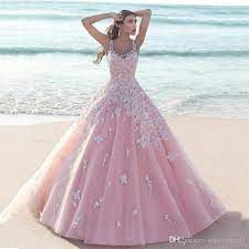 2016 Saudi Arabic Pink Wedding Dress With Flowers Puffy Ball Gown Tulle Bridal Gowns Vestido De Noiva Robe De Ma Quince Dresses Gowns Dresses Pink Prom Dresses