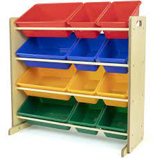 Make the most of the storage space in your garage by building storage bin shelves on the upper walls. Amazon Com Humble Crew Natural Primary Kids Toy Storage Organizer With 12 Plastic Bins Furniture Decor