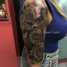 Black And Grey Flower Half Sleeve Tattoos Artist Samuel Sancho Black And Grey Roses And Timepiece Rose Tattoo Sleeve Girls With Sleeve Tattoos Watch Tattoos