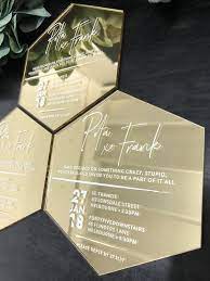 Hexagon Wedding Invitation On Mirror Gold Acrylic Acrylic Wedding Invitations Hexagon Wedding Wedding Invitations