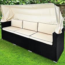 Deuba Poly Rattan Gartenbank Schwarz Mit Faltbarem Dach 7cm Dicke Sitzauflagen Creme Uv Bestandiges Polyrattan Ga Gartenmobel Sets Gartenmobel Gartensofa