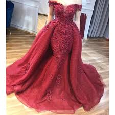 Abiye Dubai Red Lace Beaded Mermaid Evening Dresses 2018 With Detachable Train 3d Flower Pr Modest Evening Gowns Mermaid Evening Dresses Burgundy Evening Dress