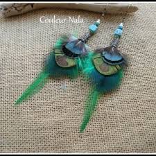Boucles D Oreilles Ethniques Plumes De Paon Vert Boucles D Oreilles En Macrame Bijoux En Plumes Boucle D Oreille Plume