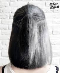 Black And Gray Hair Color Split Colored Hair One Side Is A Gray Hair Color And The Other Side Is A Black Black Color Colored Gray In 2020 Hair Color For Black Hair Hair Styles Dyed Hair
