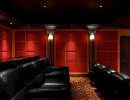 Classic Red Black And Gold Home Theater Cinema Seating Leather Sconce Lighting Paneling Soundproof Home Home Theater Design Home Theater Rooms