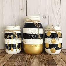 Black And White Striped Kitchen Canisters Black White And Gold Mason Jar Set Black And White Stripes Gold Polka Dots Arrows Rustic Home Decor Gold Room Decor Gold Mason Jars Black Decor