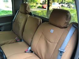 The carhartt branded seat cover range has been reviewed as somewhat easy to install and remove. Review Carhartt Precision Fit Seat Covers 4waam