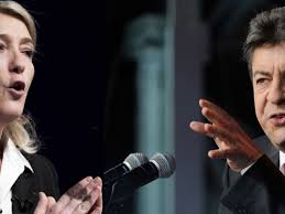 Mulher, apontando, lado esquerdo, enquanto, sorrindo, mulher, sorrizo, informação feminina, mulher, mão, pessoas. Presidentielle Marine Le Pen Et Jean Luc Melenchon Meme Combat Challenges
