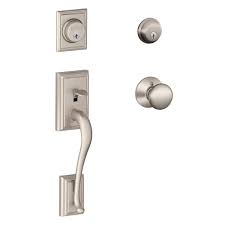 Schlage Addison Entrance Door Handle With Double Cylinder Deadbolt In A Satin Nickel Finish Lock And Handle Door Handles Double Cylinder Deadbolt Single Cylinder Deadbolt