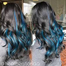 Black Hair With A Mermaid Blue Peekaboo Halo Blue Hair Black Hair Curled Hair In 2020 Blue Hair Highlights Hair Streaks Blue Brown Hair