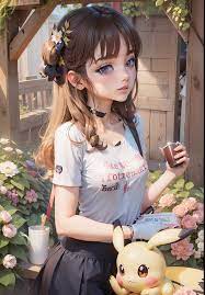 Anime-Mädchen mit einem Handy und einer Pikachu-Puppe - SeaArt AI