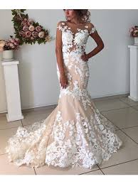 Women long evening gown 2018 sheer long sleeves lace a line prom dresses. Elegant Champagne Mermaid Scoop Backless Wedding Dresses With Ivory Lace Appliques Dressmeet Com