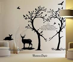 Two Tees With Two Deer And Flying Birds Vinyl Wall Decal Sticker Nature Design Floral Wall Decals Vinyl Wall Decals Wall Paint Designs