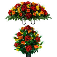 Shop for artificial plants and flowers at walmart.com. Sympathy Silks Artificial Cemetery Flowers Burgundy Mum And Orange Rose Bouquet Saddle Walmart Com Walmart Com