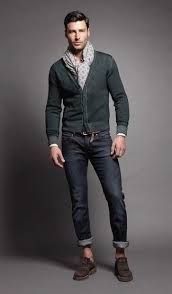 Color names are for your reference only. Men S Dark Green Cardigan Navy Jeans Dark Brown Suede Loafers Grey Print Scarf Mens Fashion Well Dressed Men Mens Outfits
