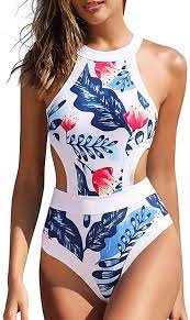 Holipick Women S Blue White Leaf High Neck Cutout One Piece Swimsuit Sports Bathing Suit In 2021 Cute One Piece Swimsuits Swimsuits Outfits Women S One Piece Swimsuits