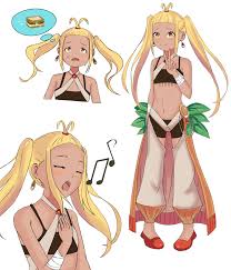 liliana masquerade, re:zero kara hajimeru isekai seikatsu, absurdres,  highres, 1girl, blonde hair, hand on own chest, midriff, music, open mouth,  petite, singing, smile, solo, tan, twintails, v, white background, yellow  eyes -