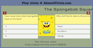Oct 26, 2021 · 88 holes trivia questions & answers : The Spongebob Squarepants Trivia Quiz